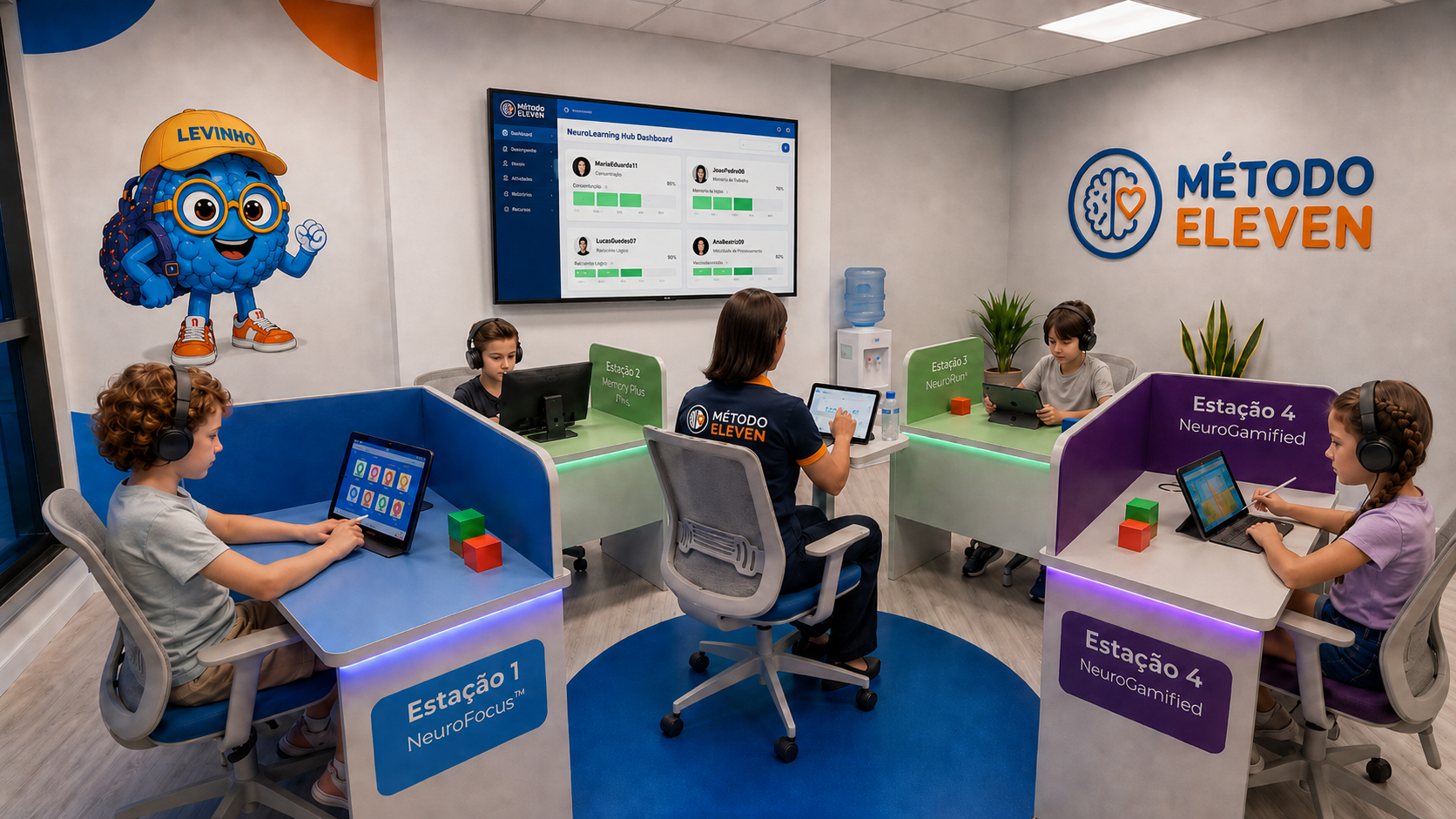 Hub Eleven Júnior · Espaço gamificado com quatro estações para crianças